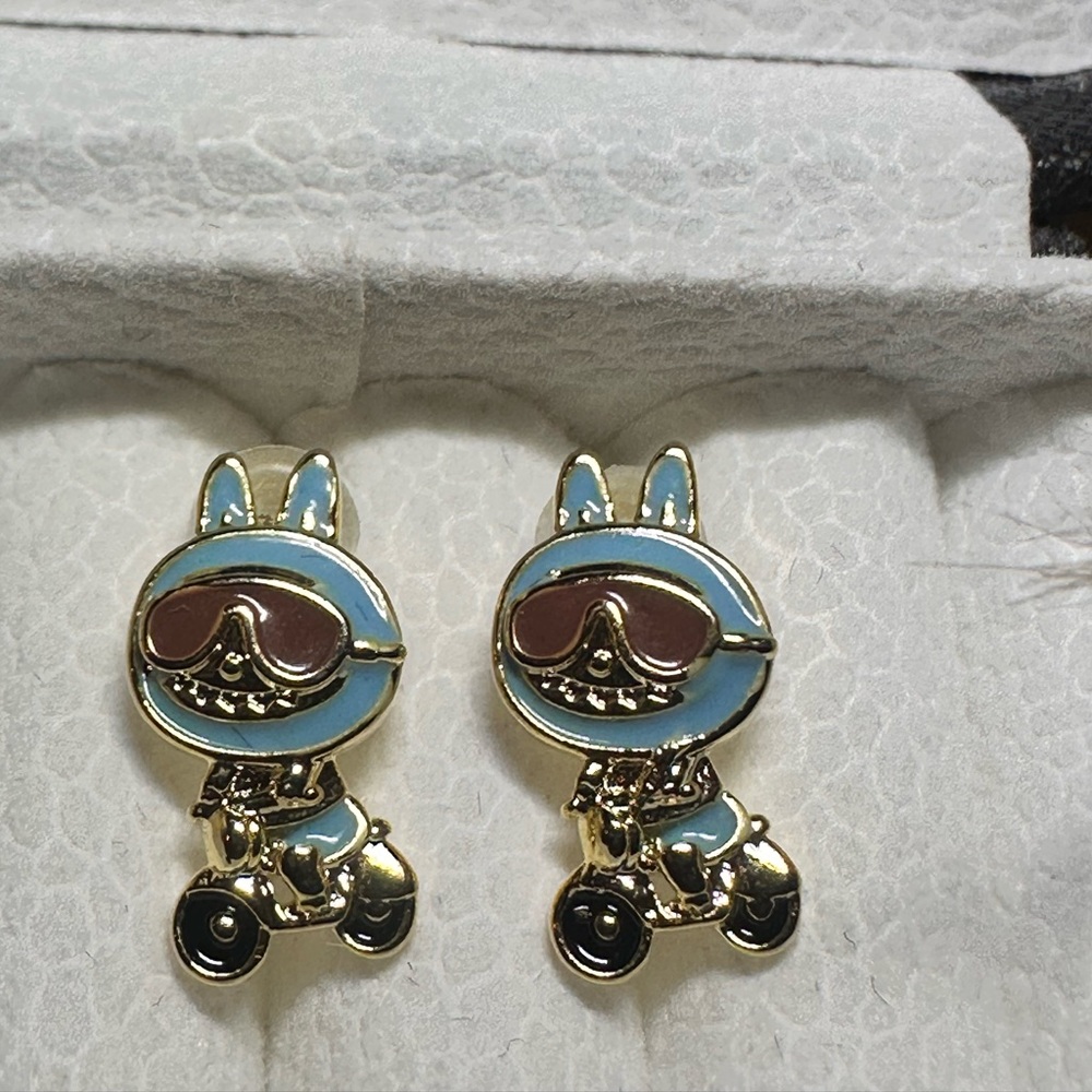 14k Gold Motorcycle Labubu Monster Theme Enameled Stud Character Earrings